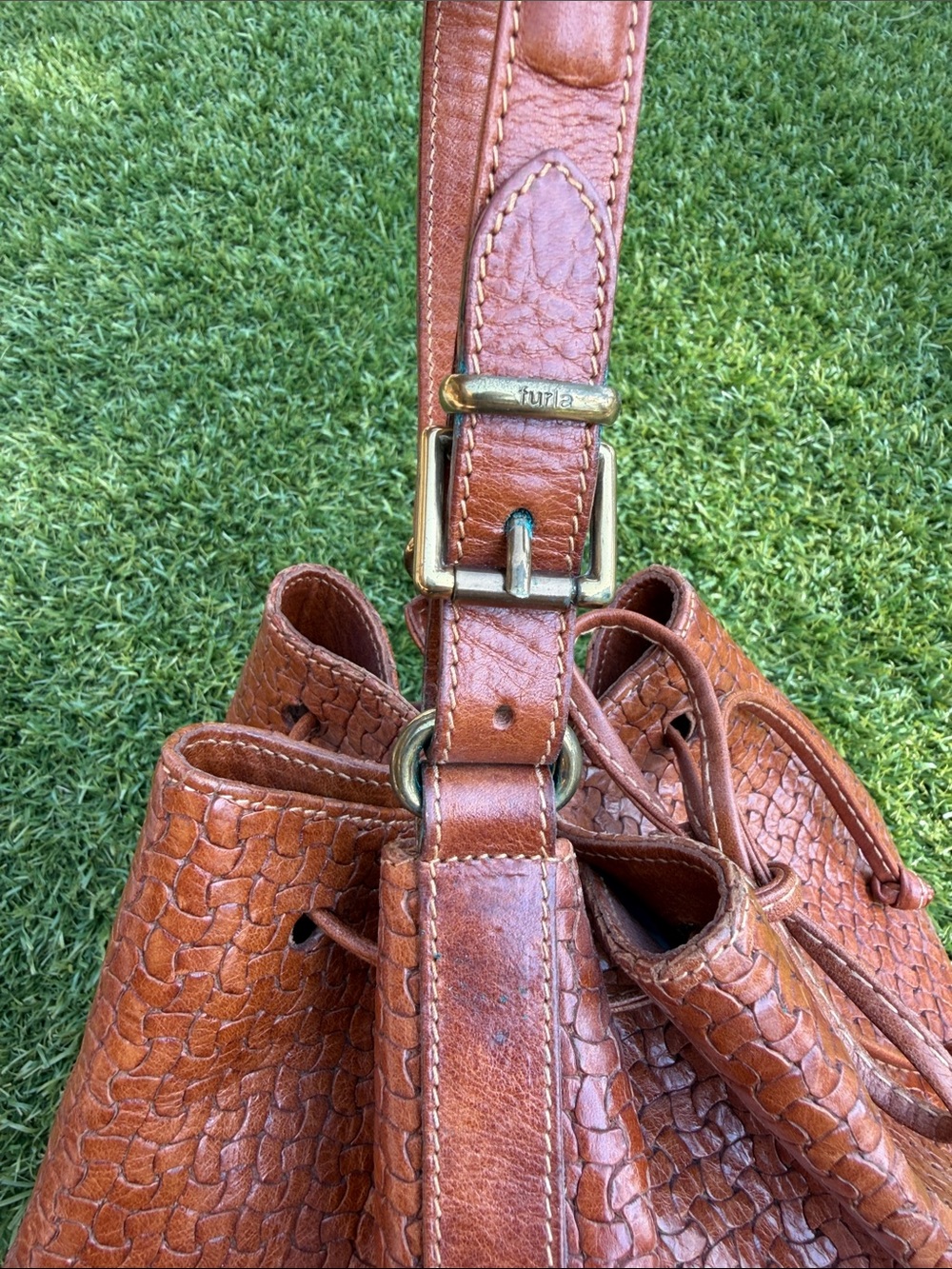 Furla Woven Brown Leather Drawstring Shoulder Bag - Picture 2 of 8